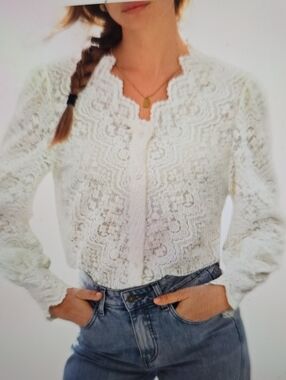 Luxveer Scalloped Lace Knit White Women's Button-Front Cardigan S NWT!